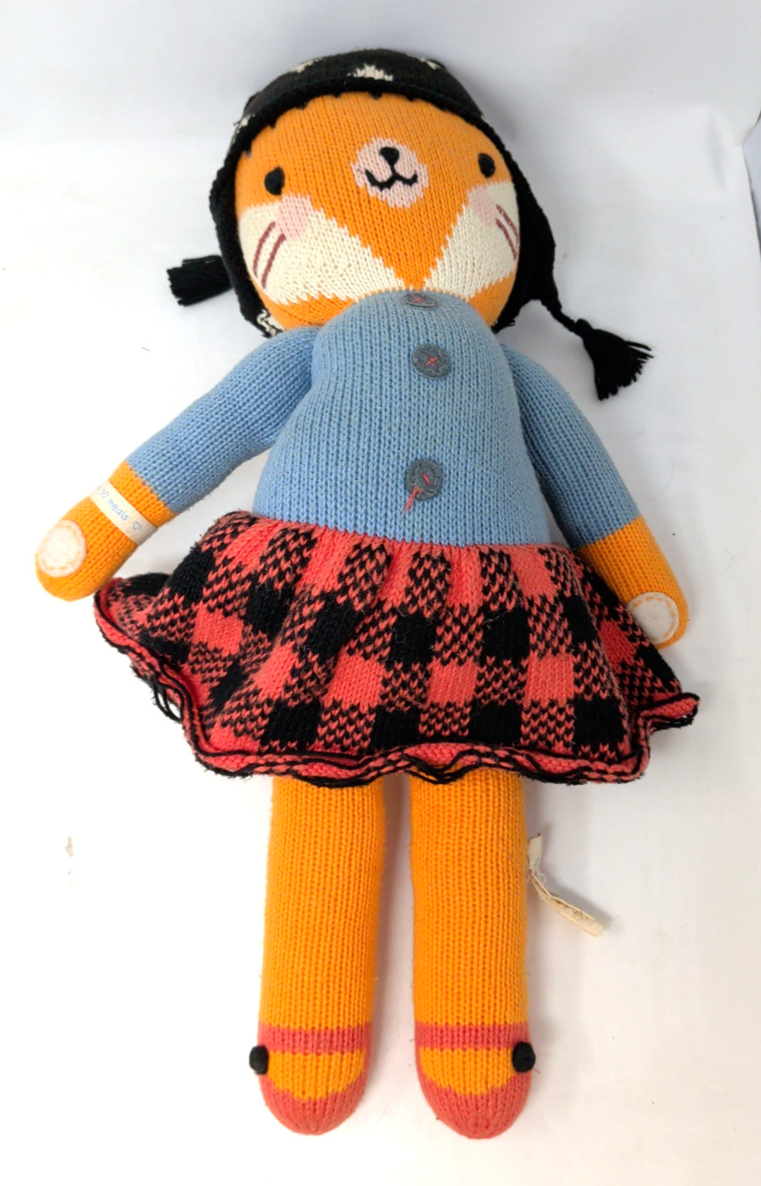 CUDDLE & KIND Sadie The Fox Knit Crochet Doll Plush Orange Black Hat Peru 20”